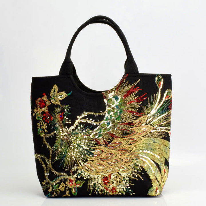 Buddha Stones Peacock Double-sided Embroidery Tote Bag Shoulder Bag Crossbody Bag - Black Peacock - Simple Tote Bag - image 15