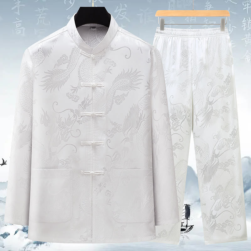 Buddha Stones Tang Suit Men Hanfu Chinese Dragon Traditional Clothes Kung Fu Shirt Uniform Long Sleeved Coat Tops and Pants Clothing Men's Set - White - US/UK/AU42，EU52 (3XL) - image 16