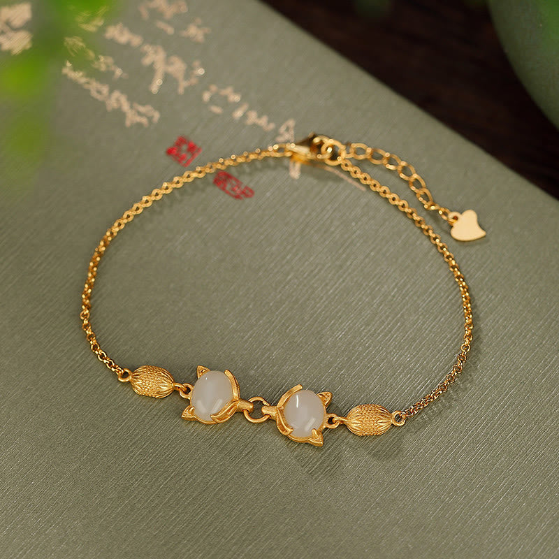 Buddha Stones 925 Sterling Silver Natural Hetian White Jade Cyan Jade Lovely Fox Luck Bracelet - White Jade(Protection♥Happiness) - image 5