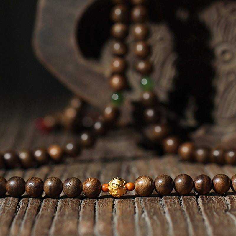 Buddha Stones 999 Gold 108 Mala Beads Kalimantan Agarwood Cyan Jade Six True Words Strength Bracelet