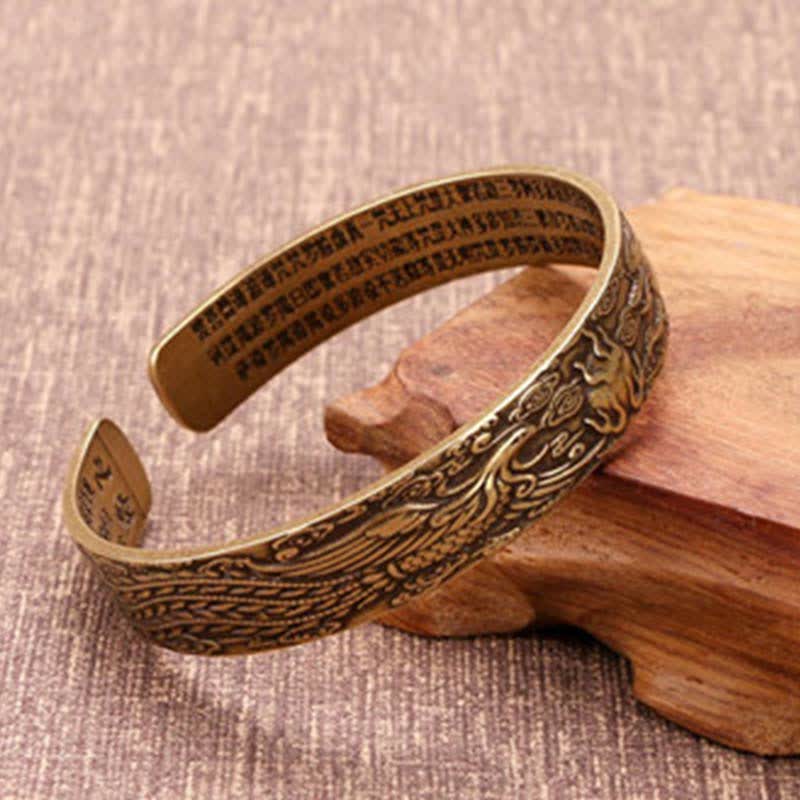 Buddha Stones 2Pcs Om Mani Padme Hum Dragon Phoenix Copper Leather Peace Cuff Bracelet Bangle