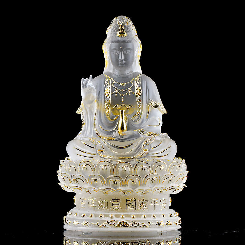 Buddha Stones Kwan Yin Avalokitesvara Handmade Figurine Liuli Crystal Art Piece Wealth Statue Home Offering Decoration - 18cm White&Gold - image 10