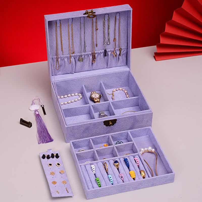 Buddha Stones Simple Design Jewelry Box Organizer Two-Layer Jewelry Storage Box Flannel Box With Lock - image 23