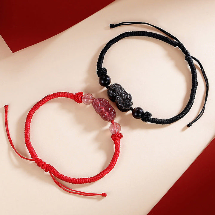 Buddha Stones Handmade Natural Silver Sheen Obsidian Strawberry Quartz PiXiu Protection Braided Bracelet - image 8