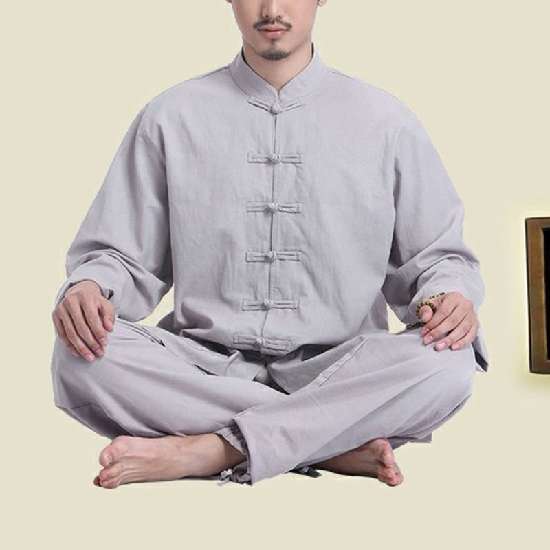 Buddha Stones Chinese Frog Button Design Meditation Prayer Cotton Linen Spiritual Zen Practice Yoga Clothing Men's Set