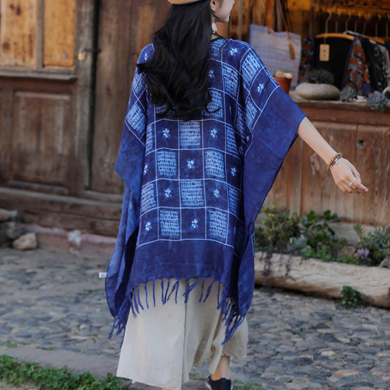 Buddha Stones Blue Color Block Plaid Shawl Tassels Soft Pullover 90*95cm