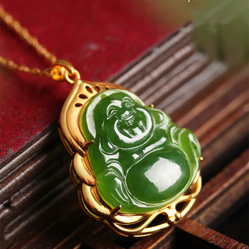 925 Sterling Silver Natural Hetian Cyan Jade Laughing Buddha 18K Gold Healing Necklace Chain Pendant - image 1