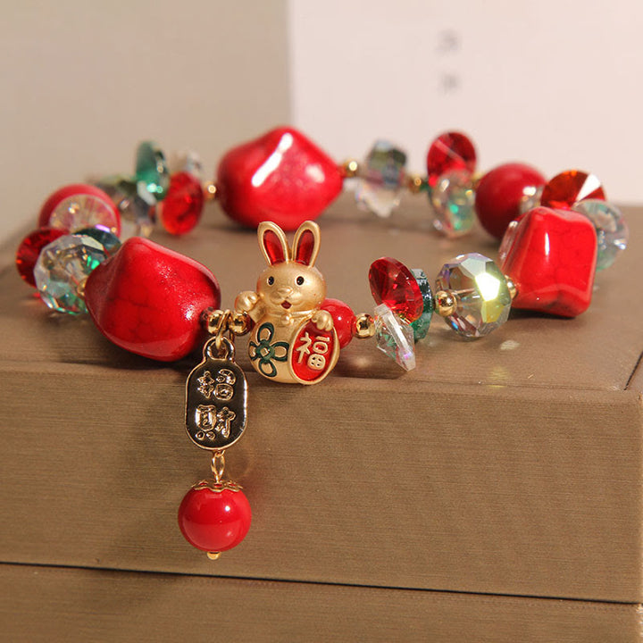 Buddha Stones Red Stone Lucky Cat Rabbit Fu Character Fortune Bracelet