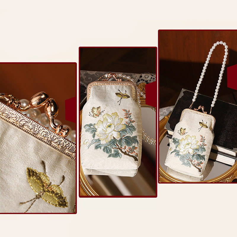 Buddha Stones Small Flowers Butterfly Embroidered Pearl Metal Chain Shoulder Bag Crossbody Handbag Cellphone Bag