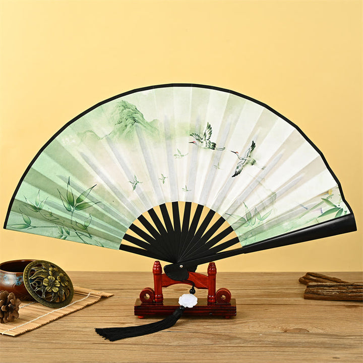 Buddha Stones Vintage Phoenix Nine Tailed Fox Flower Bamboo Tiger Handheld Folding Fan Lotus Tassel Fan
