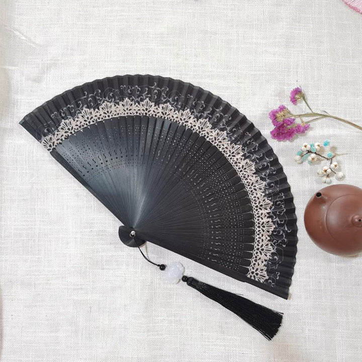 Buddha Stones Simple Hollow Engraved Handheld Bamboo Folding Fan