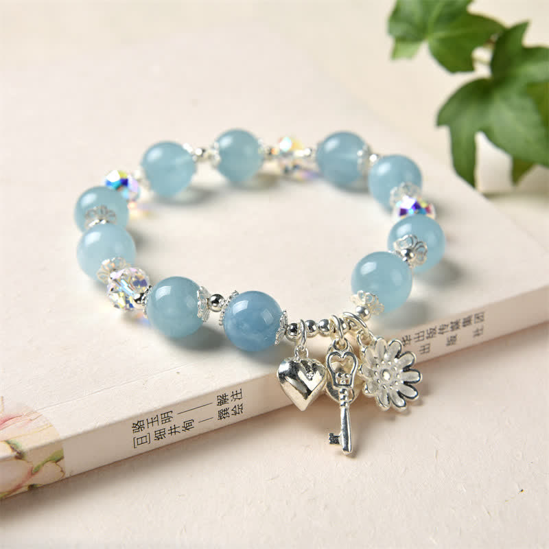 925 Sterling Silver Natural Aquamarine Serenity Flower Love Key Charm Bracelet - Aquamarine&925 Sterling Silver - image 0