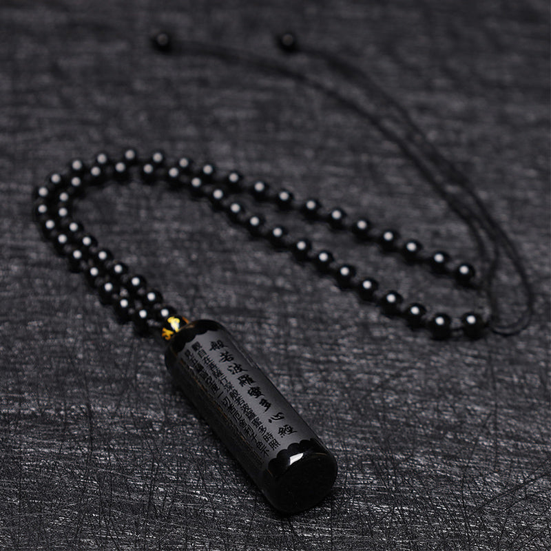 Buddha Stones Natural Black Obsidian Heart Sutra Purification Necklace Pendant