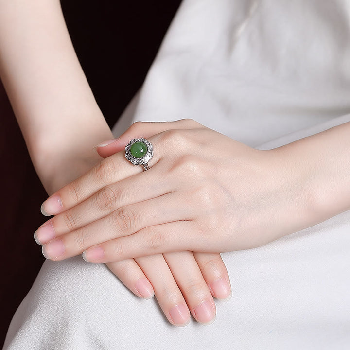 Buddha Stones 925 Sterling Silver Hetian Cyan Jade Flower Design Luck Adjustable Ring - image 3