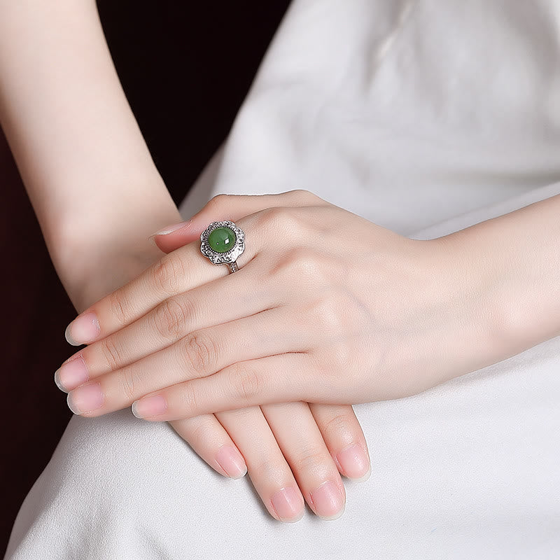 Buddha Stones 925 Sterling Silver Hetian Cyan Jade Flower Design Luck Adjustable Ring - image 3
