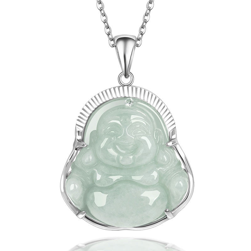 Buddha Stones 925 Sterling Silver Laughing Buddha Jade Luck Calm Necklace Chain Pendant - Jade - image 1