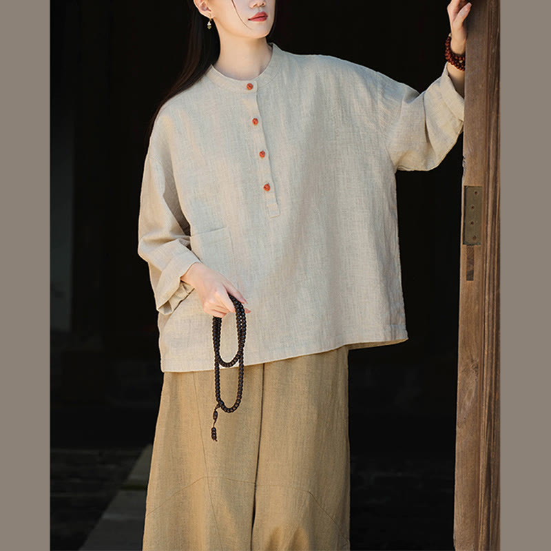 Buddha Stones Solid Color Loose Button Blouse Long Sleeve Shirt Top