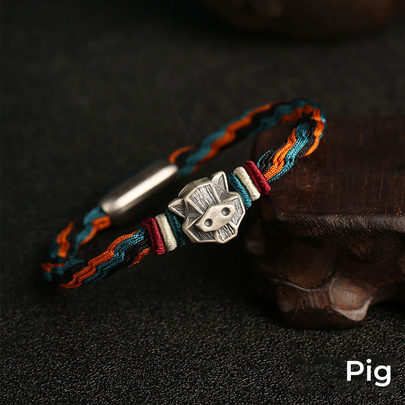 Buddha Stones Handmade 999 Sterling Silver Year of the Dragon Chinese Zodiac Protection Colorful Reincarnation Knot Rope Bracelet - Pig - 19cm - image 21