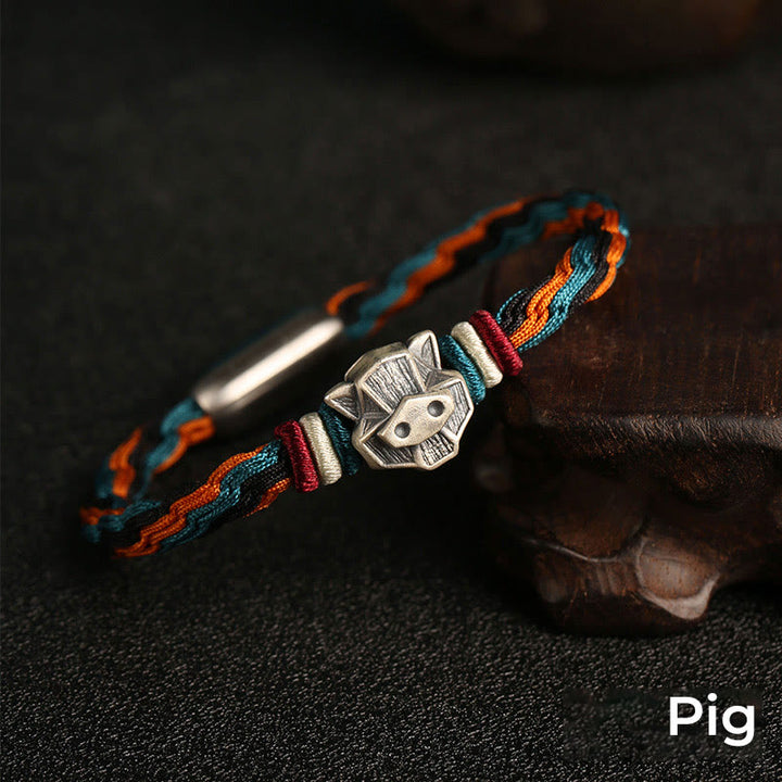 Buddha Stones Handmade 999 Sterling Silver Year of the Dragon Chinese Zodiac Protection Colorful Reincarnation Knot Rope Bracelet - Pig - 19cm - image 21