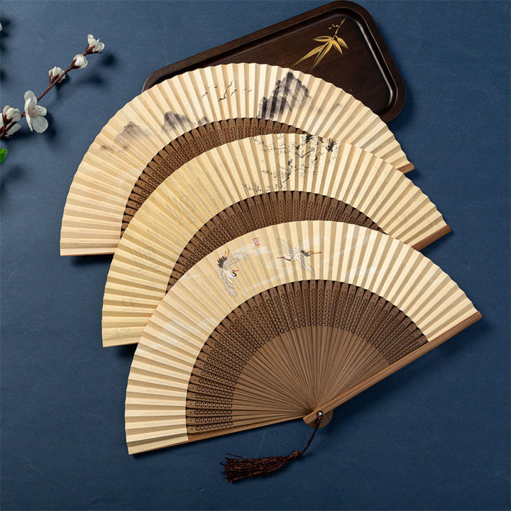 Buddha Stones Lotus Dragonfly Wild Geese Plum Blossom Handheld Silk Bamboo Folding Fan 22.5cm