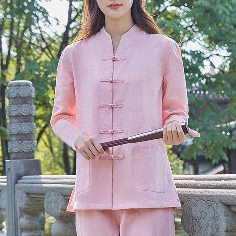 Spiritual Zen Practice Yoga Meditation Prayer Uniform Cotton Linen Clothing Women's Set - Pink - US18，UK/AU22，EU50 (6XL) - image 4