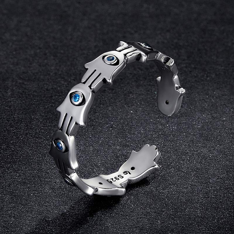 Buddha Stones 925 Sterling Silver Hamsa Symbol Zircon Adjustable Ring - image 8