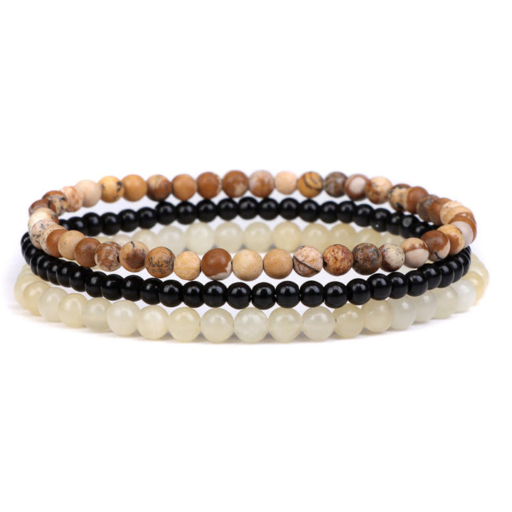 Buddha Stones 3Pcs Natural Crystal Stone Inner Peace Spiritual Bracelet - 4mm Picture Jasper&Black Glass Beads&Topaz(Wrist Circumference 15-16cm) - image 15