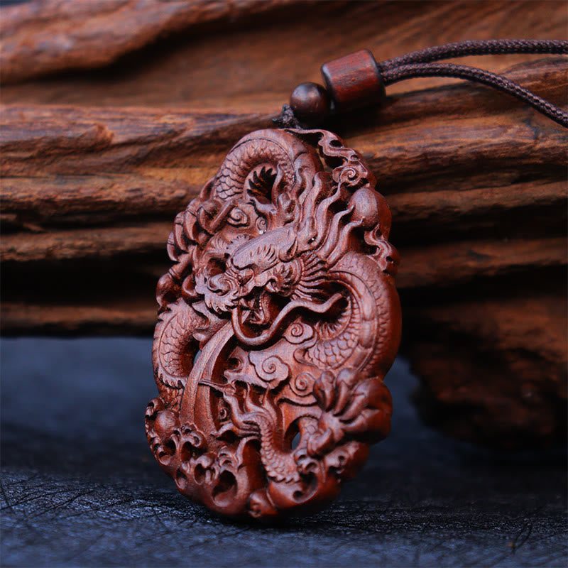 Buddha Stones Lightning Struck Jujube Wood Double Dragon Relief Ward Off Evil Spirits Necklace Pendant