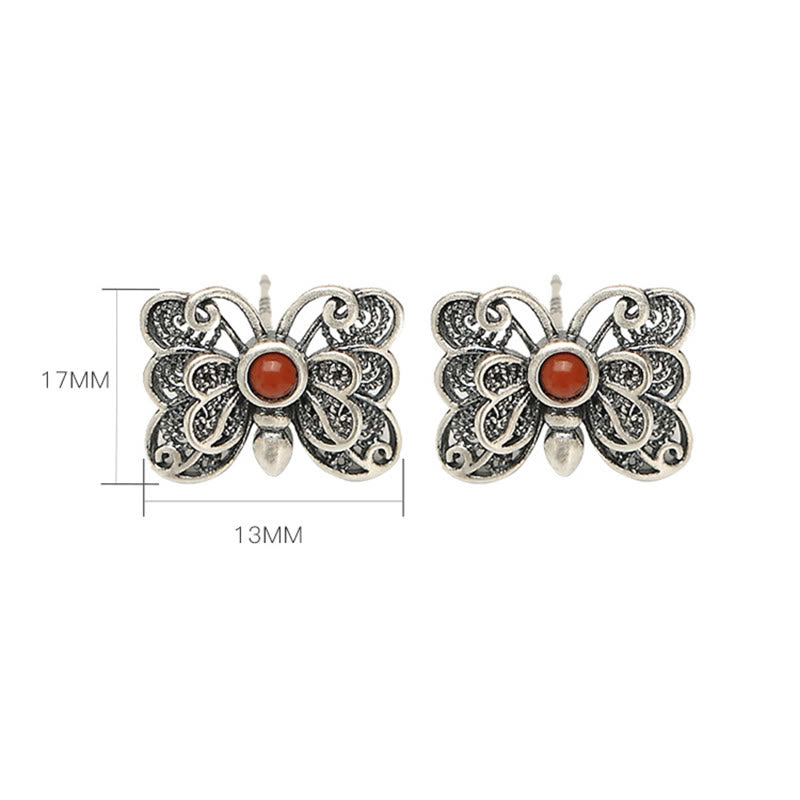 Buddha Stones 925 Sterling Silver Red Agate Butterfly Self-acceptance Ring Earrings Set