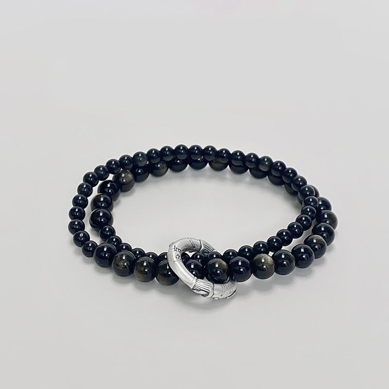 Buddha Stones 999 Sterling Silver Black Obsidian Fulfillment Strength Double Layer Bracelet