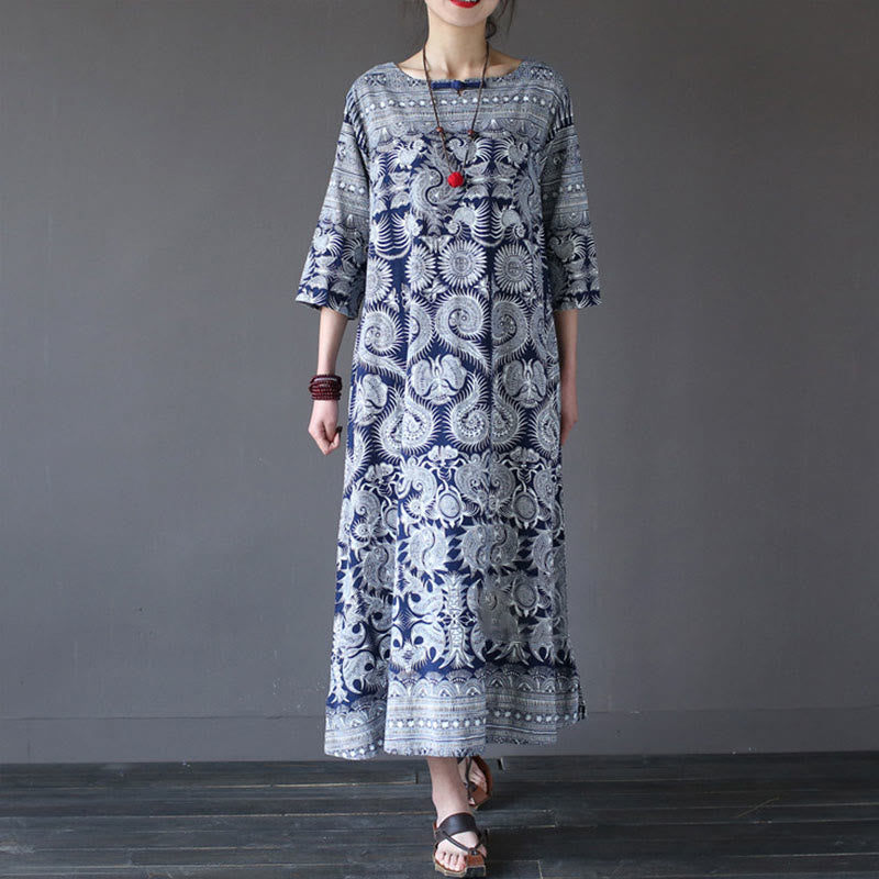 Buddha Stones Blue White Flower Printed Button Midi Dress Three Quarter Sleeve Cotton Linen Dress With Pockets