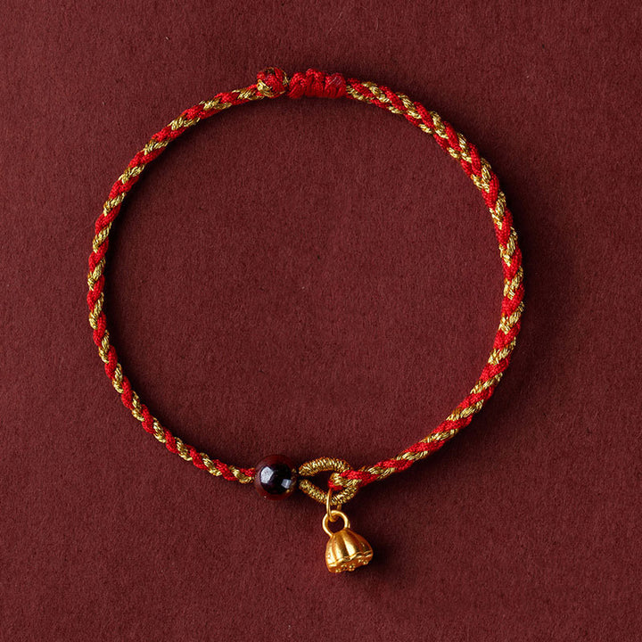 Buddha Stones Handcrafted Red Gold Rope Lotus Peace And Joy Charm Braid Bracelet