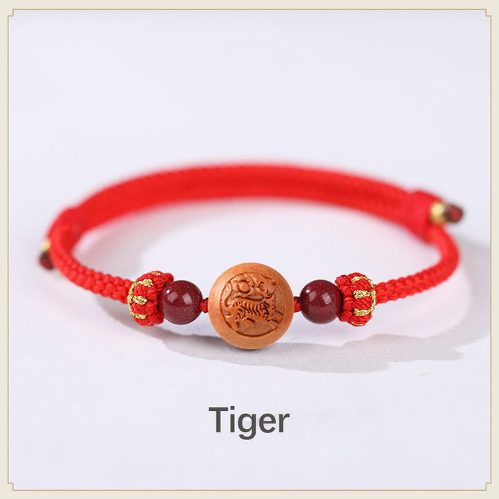Buddha Stones Natural Peach Wood Chinese Zodiac Fu Character Carved Cinnabar Wealth Bracelet - Tiger-Red(Wrist Circumference 14-18cm) - image 3