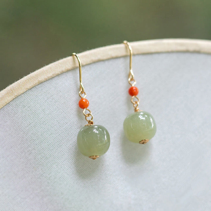 Buddha Stones 925 Sterling Silver Plated 14k Gold Hetian Jade Red Agate Luck Drop Dangle Earrings - image 1