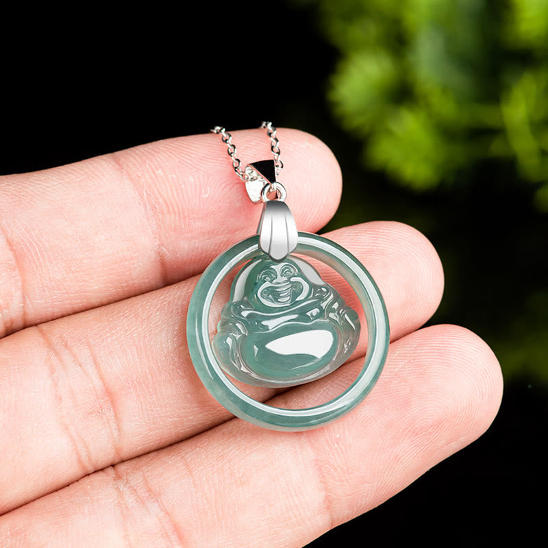 Buddha Stones Natural Jade Round Laughing Buddha Abundance Titanium Steel Chain Necklace Pendant - image 5