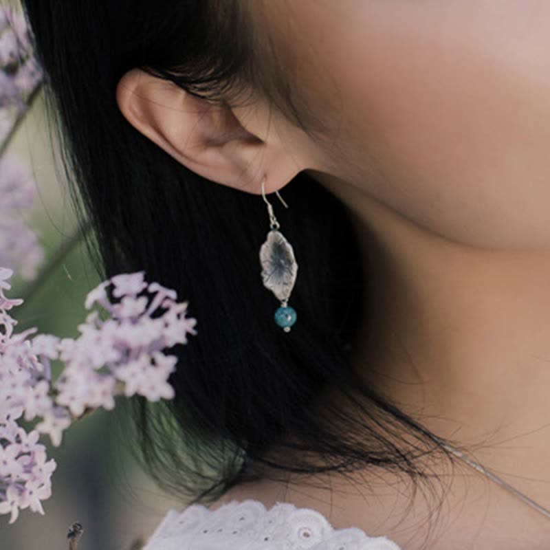 925 Sterling Silver Turquoise Lotus Leaf Protection Drop Dangle Earrings - image 2