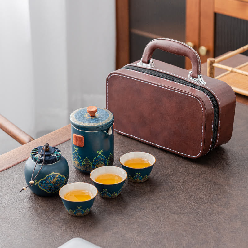 Buddha Stones Flower Chinese Gongfu Ceramic Teapot Portable Outdoor Travel Tea Set Bag