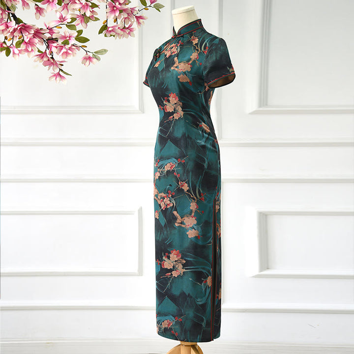 Buddha Stones Vintage Pink Flowers Print Cheongsam Dress Women's Qipao Dress