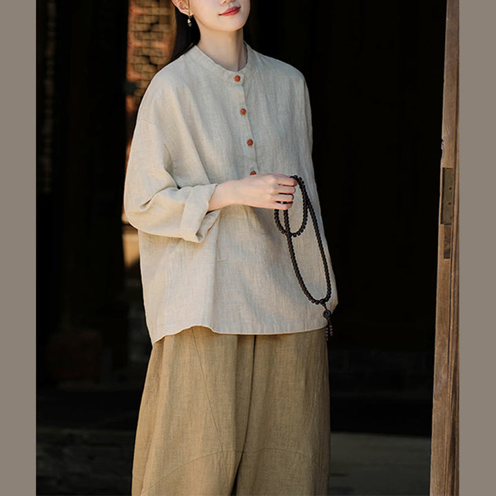 Buddha Stones Solid Color Loose Button Blouse Long Sleeve Shirt Top