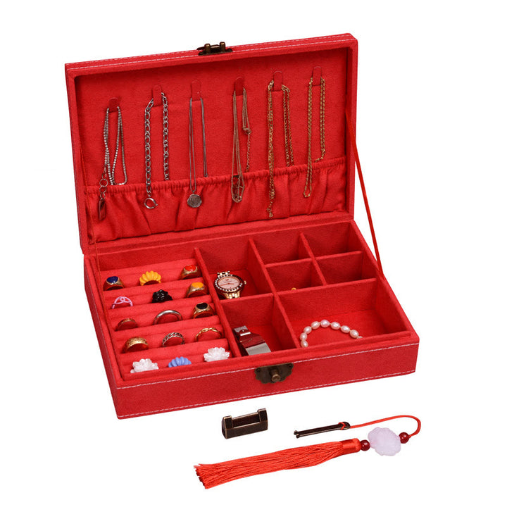 Buddha Stones Simple Design Jewelry Box Organizer Single Layer Flannel Jewelry Storage Box With Lock - Red28cm*19cm*6.5cm - image 25