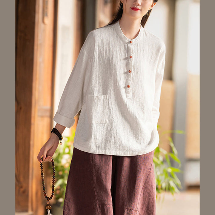 Buddha Stones Solid Color Loose Button Blouse Long Sleeve Shirt Top