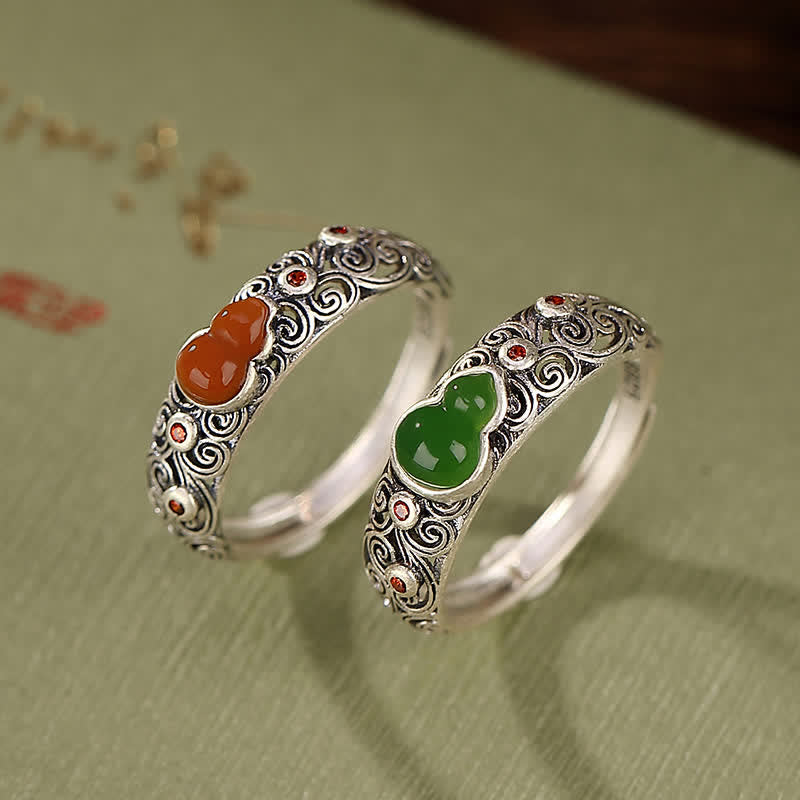 925 Sterling Silver Red Agate Cyan Jade Gourd Blessing Auspicious Ring - image 1