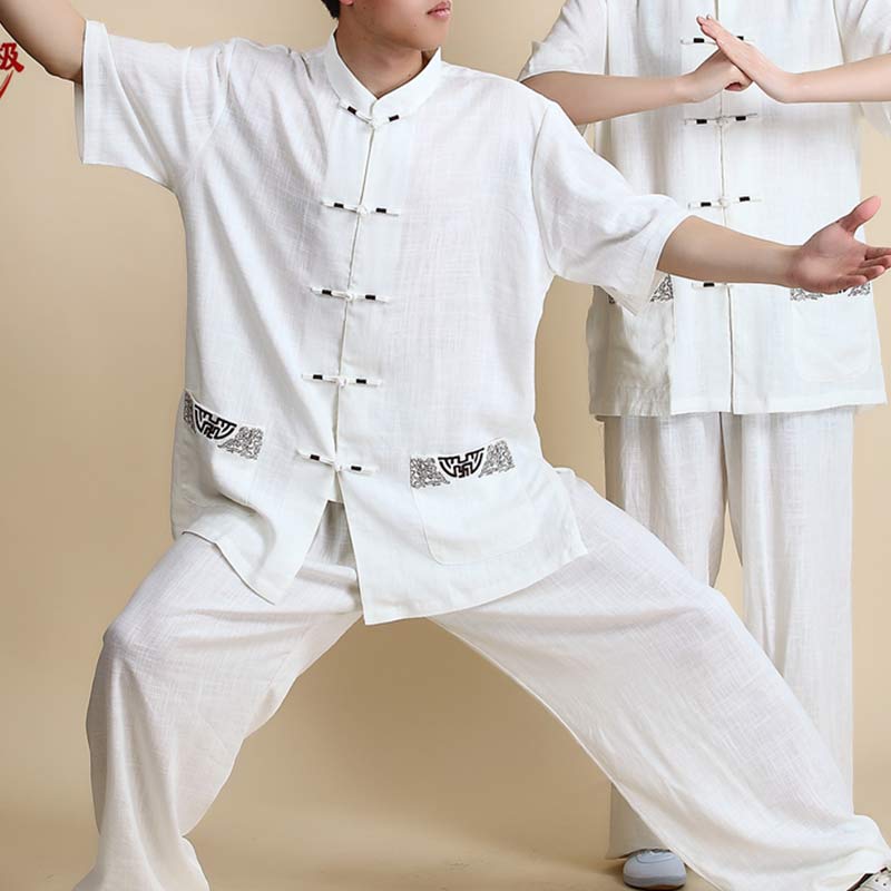 Buddha Stones Meditation Zen Prayer Spiritual Tai Chi Qigong Practice Unisex Embroidery Clothing Set - Short Sleeve White Embroidery - US14，UK/AU18，EU46 (3XL) - image 16