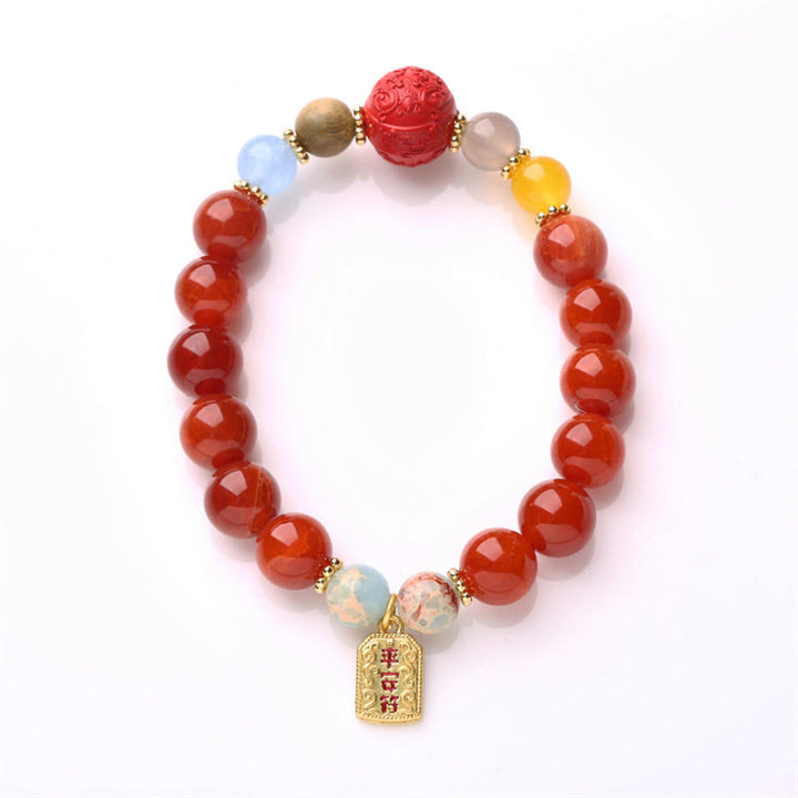 Buddha Stones Natural Red Agate Peace Talisman Fu Character Dragon Tail Confidence Charm Bracelet