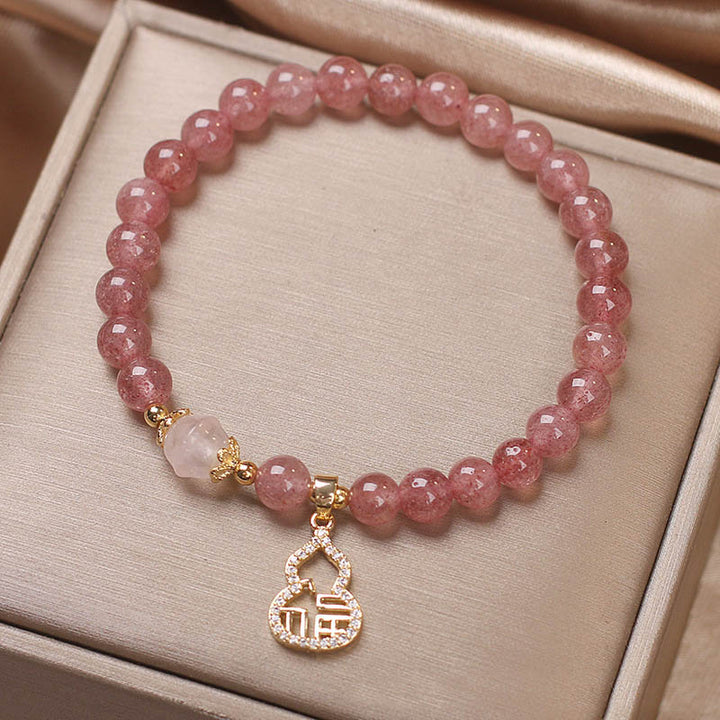 Buddha Stones Strawberry Quartz Gourd Fu Character Charm Positive Bracelet