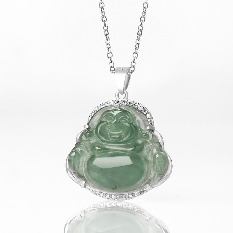Buddha Stones Laughing Buddha Natural Jade Luck Prosperity Necklace Titanium Steel Chain Pendant - image 4