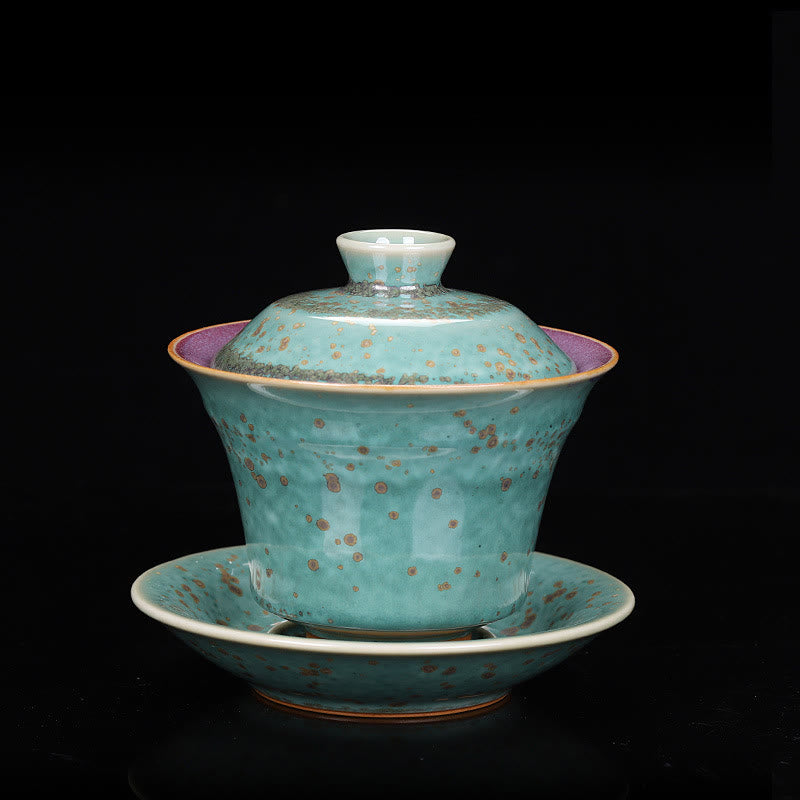 Buddha Stones Retro Glaze Kiln Change Ceramic Gaiwan Sancai Teacup Kung Fu Tea Cup And Saucer With Lid - Green STYLE (COLOR & GLAZE MAY VARY) - 9.8cm*9cm*150ml - image 18