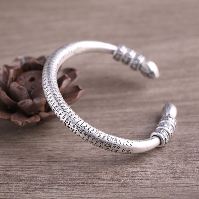 Buddha Stones 999 Sterling Silver Heart Sutra Om Mani Padme Hum Engraved Peace Purity Bracelet Bangle - 999 Sterling Silver - image 1