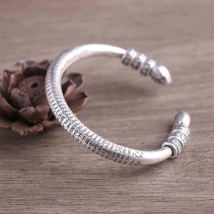 Buddha Stones 999 Sterling Silver Heart Sutra Om Mani Padme Hum Engraved Peace Purity Bracelet Bangle - 999 Sterling Silver - image 1