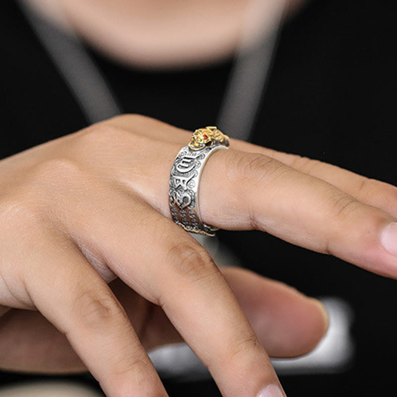 Buddha Stones Tibetan 990 Sterling Silver Om Mani Padme Hum PiXiu Dorje Vajra Heart Sutra Engraved Wealth Ring - image 8